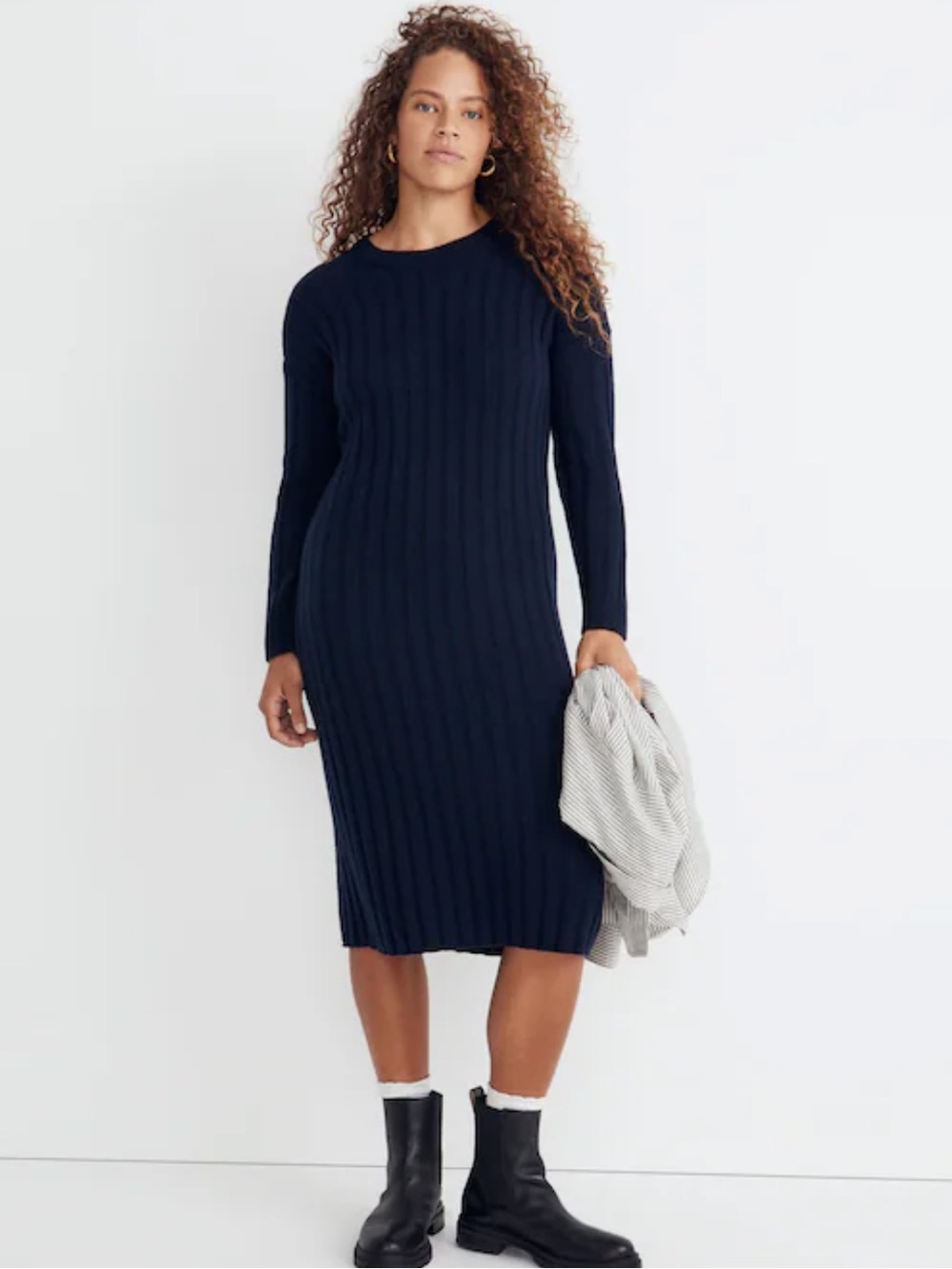 Madewell Navy Wool Blend Ribbed Midi Dress Size S
